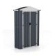 Tall gray outdoor storage shed with sloping roof, lockable door, and built-in shelf for organizing items in small spaces.