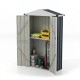 Outdoor storage shed with sloping roof, built-in shelf, and lockable door, ideal for organizing items in patios or backyards.