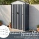 Outdoor storage shed with sloping roof, lockable door, and built-in shelf for organizing items in gray color.