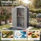 Outdoor storage shed with sloping roof, built-in shelf, and lockable door for organizing garden tools and supplies.