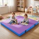 Purple bi-folding gymnastic tumbling mat with kids playing, featuring waterproof PU leather and 4" thick EPE foam for.