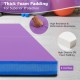 Purple 4ft x 4ft x 4in bi-folding gymnastic tumbling mat with high-density foam, waterproof cover, and carry handles.