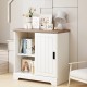 Farmhouse sideboard buffet cabinet in white with sliding doors, featuring a wide top and three deep drawers for storage.