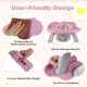 User-friendly pink baby high chair features a removable cushion, adjustable height, and handy storage basket for toys.