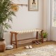 Teak wood patio bench with weave seat, 47 inches long, ideal for outdoor spaces like yards and porches.