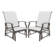Set of 2 outdoor glider chairs with ergonomic backrest, beige fabric, sturdy metal frame, perfect for patio relaxation.
