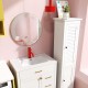 Single bathroom vanity with red faucet, tall cabinet, and compact dryer, ideal for efficient small space storage.