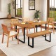 Acacia wood dining table for 6 with slatted top and sturdy metal frame, ideal for outdoor dining areas.