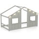 House-shaped twin size bed in grey with LED lights and open windows, perfect for kids' play and sleep.