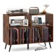 Record player stand in rustic brown with open shelves, storage for vinyl records, and built-in charging station.