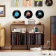 Record player stand in rustic brown with open shelves, charging station, and vinyl record storage for stylish.