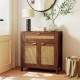 Brown sideboard storage cabinet with rattan doors and drawer, featuring a spacious top and elegant wood-grain finish.