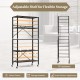 5-tier foldable shelving unit in black with adjustable shelves, showing the easy-to-clean surface and unique wood.