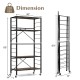 5-tier foldable shelving unit in black with detachable wheels, featuring adjustable shelves and anti-toppling system.