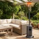 Patio propane gas heater with stainless steel burner, providing 50,000 BTU heat output for outdoor spaces.