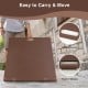 Square patio umbrella base with built-in wheels and carrying handle for easy transport, made of weather-resistant steel.