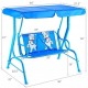 Blue outdoor kids patio swing bench with canopy, featuring puppy pattern, for 2 children aged 3 to 5 years.