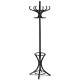 Stylish black wood coat rack with umbrella stand, showcasing a sturdy frame and elegant design, perfect for any room.