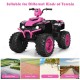 12V pink kids ride-on ATV with LED lights, treaded tires, and suitable for various terrains like beach and asphalt.