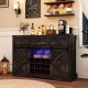52-inch black wine bar cabinet with LED lights, sliding barn doors, and storage for 12 wine bottles and glasses.