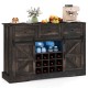52-inch black wine bar cabinet with LED lights, sliding barn doors, and wine bottle storage, perfect for home bars.