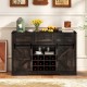 52-inch black wine bar cabinet with sliding barn doors, LED lights, and storage for 12 wine bottles and glasses.