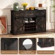 52-inch black wine bar cabinet with sliding barn doors, LED lights, and adjustable shelves for home bar or dining room.