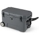 52 quart gray portable hard cooler with wheels, pull handle, and dual latches, ideal for camping and picnics.