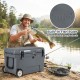 Portable 52 quart gray cooler with wheels, built-in fish ruler, ideal for camping, fishing, and outdoor activities.