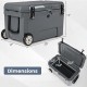 52 quart gray portable hard cooler with wheels, showing dimensions and features for camping and outdoor use.