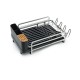 Aluminum expandable dish drying rack with drainboard and rotatable spout, ideal for organizing kitchen utensils.
