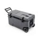 Portable gray rolling cooler with 53-quart capacity, fish ruler, and durable wheels for easy outdoor transport.