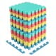 Stack of multicolor 54 pack EVA foam floor tiles with non-slip surface, ideal for home gym and easy setup.