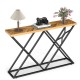Console table with a solid wood top and geometric metal base, perfect for living room or hallway display.