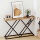 Console table featuring a solid wood top and geometric metal frame, ideal for living room or hallway display.