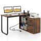 L-shaped desk in rustic brown with 3 drawers, adjustable shelf, and USB ports for home office organization.