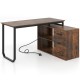 Reversible L-shaped desk in rustic brown with 3 drawers, adjustable shelf, and integrated AC and USB ports for home.