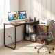 Reversible 55-inch L-shaped desk in rustic brown with 3 drawers, adjustable shelf, and dual AC outlets for home office.