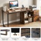 55-inch reversible L-shaped desk in rustic brown with adjustable shelf, 3 drawers, and metal frame for home office use.