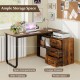 55-inch reversible L-shaped desk in rustic brown with 3 drawers and open compartments for home office storage.