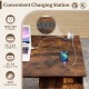 Reversible L-shaped desk with 2 AC outlets, USB port, and adjustable shelf in rustic brown for home office use.