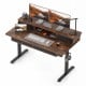 Electric standing desk in rustic brown with ergonomic monitor stand, storage drawers, and smart control panel for home.