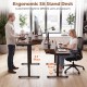 Electric standing desk with a rustic brown finish, adjustable height, and ergonomic monitor stand for optimal viewing.