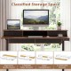 Electric standing desk in rustic brown with ergonomic monitor stand, foldable drawers, and open compartment for.