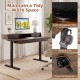 Electric standing desk with rustic brown finish, featuring cable management hole and hanging hook for organized.