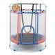 55" kids trampoline with adjustable gymnastics bar and basketball hoop, featuring a durable frame and safety enclosure.