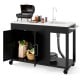 Outdoor grill table with sink and stainless steel top, featuring storage cabinets and lockable wheels for patio.
