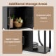 Cabinet with doors and semi-open compartment for storage in a 56-inch outdoor grill table with stainless steel top.
