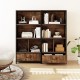56" tall freestanding bookcase in rustic brown with open compartments and fabric drawers, ideal for home office.