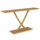 Solid wood console table with a teak frame and geometric design, perfect for living rooms and hallways.